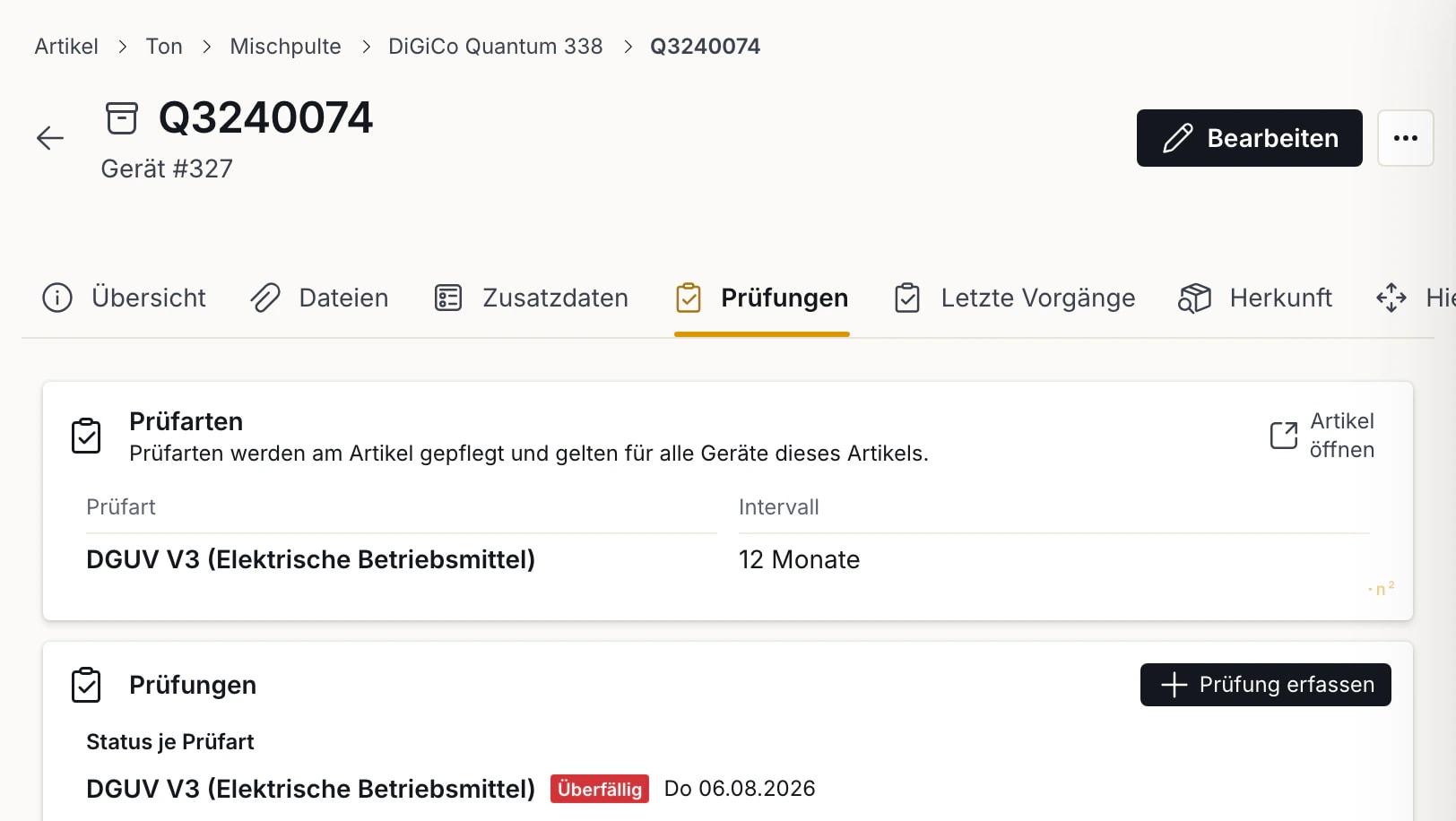 Reiter Prüfungen eines Mischpults DiGiCo Quantum 338: Prüfart DGUV V3 mit 12-Monats-Intervall, Status „Überfällig“ seit 06.08.2026