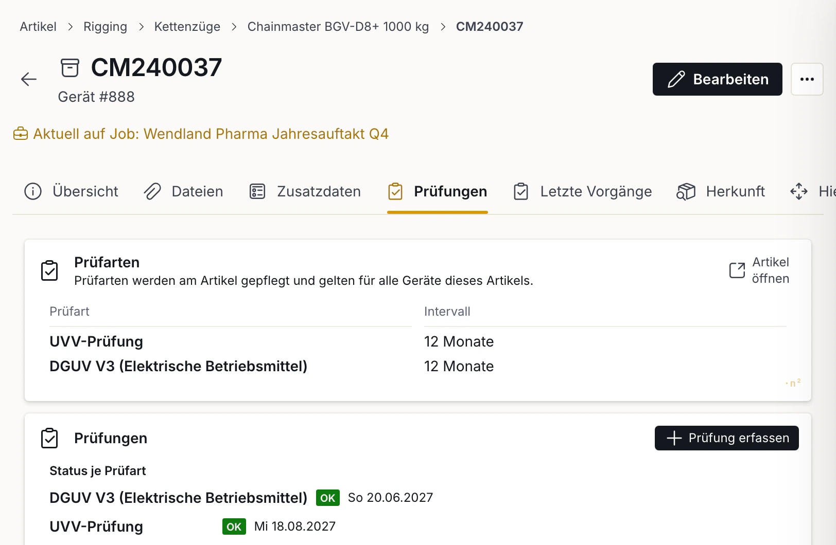 Reiter Prüfungen eines Kettenzugs: Prüfarten UVV und DGUV V3 mit 12-Monats-Intervall und Status je Prüfart mit nächster Fälligkeit