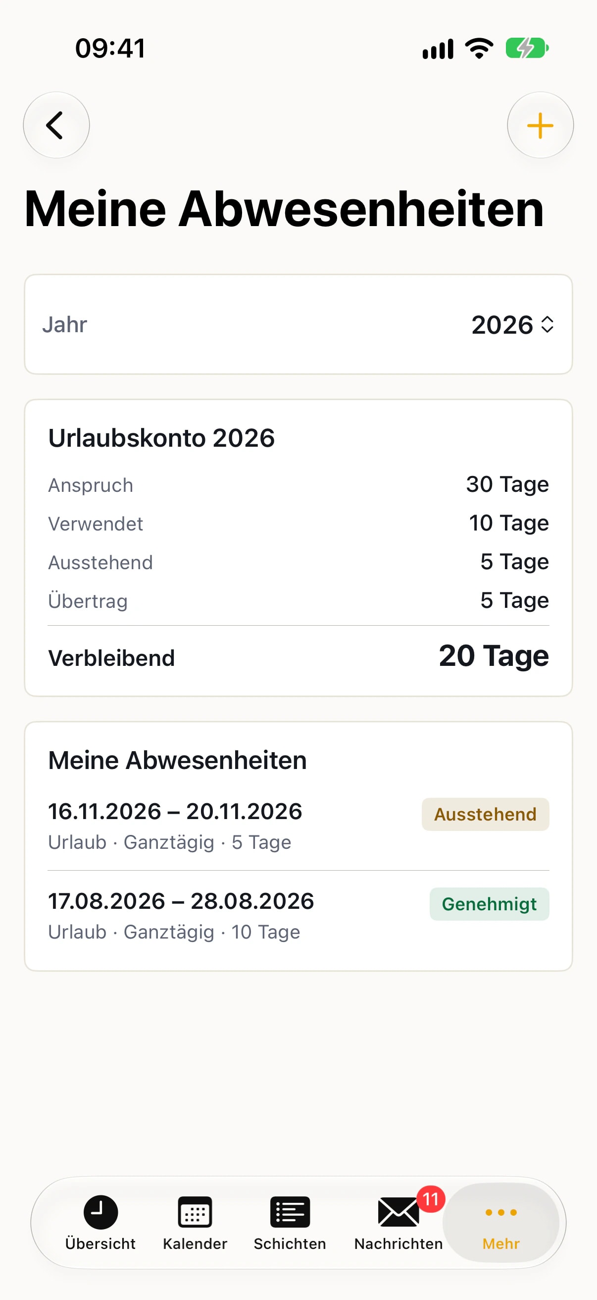 nice2CU App, Meine Abwesenheiten: Urlaubskonto 2026 mit 20 verbleibenden Tagen, ein beantragter und ein genehmigter Urlaub