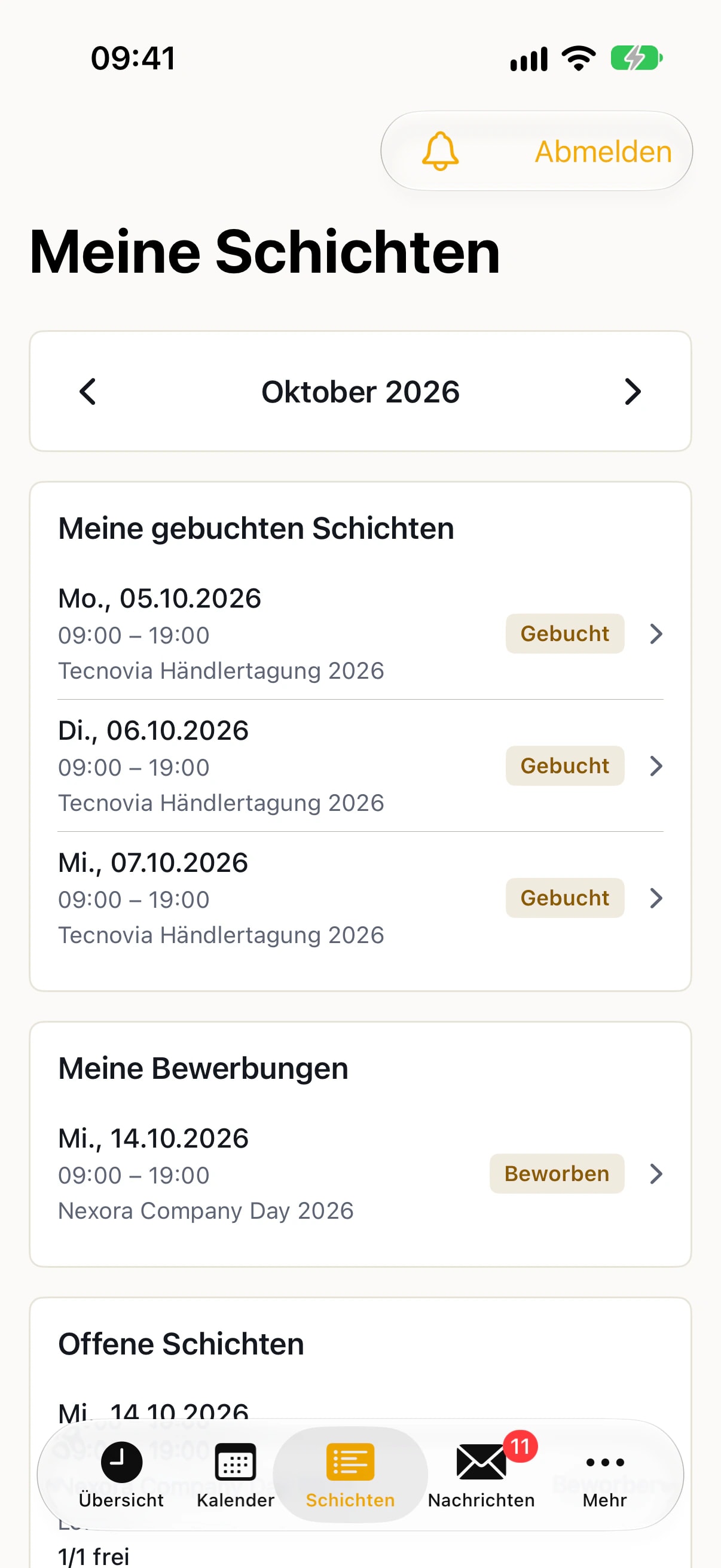 nice2CU App, Meine Schichten: gebuchte Schichten am 05., 06. und 07.10.2026 für die Tecnovia Händlertagung 2026, darunter eine Bewerbung mit Status „Beworben“