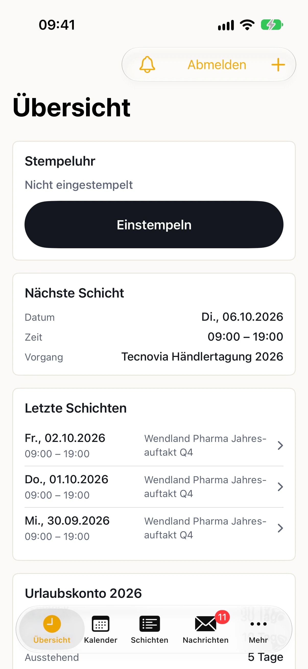 nice2CU App: Stempeluhr mit dem Button „Einstempeln“, darunter die nächste Schicht mit Datum, Uhrzeit und Vorgang
