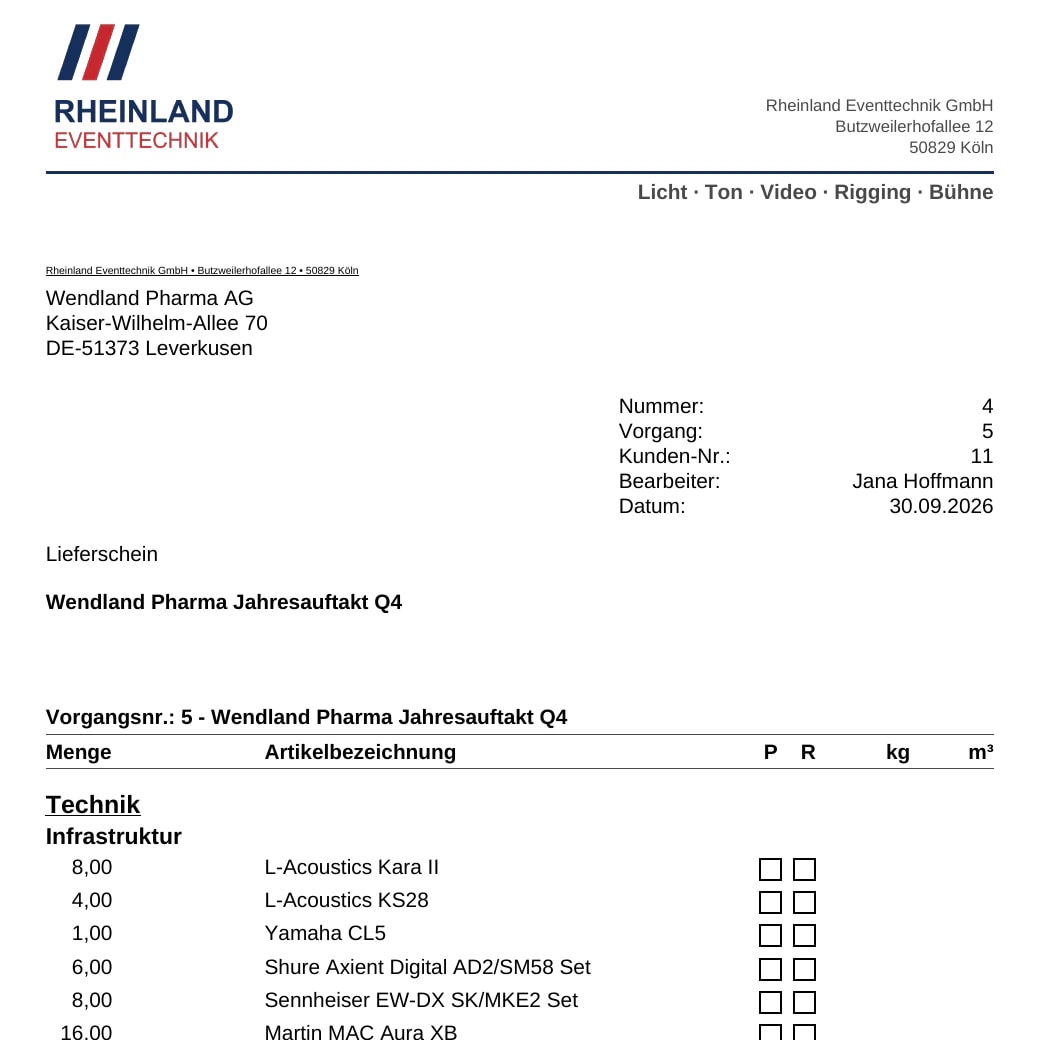 Lieferschein-PDF aus einem Vorgang: Briefkopf der Rheinland Eventtechnik GmbH, Empfänger, Vorgangsnummer und Positionen mit Mengen und Ankreuzfeldern für Pack- und Rückgabekontrolle