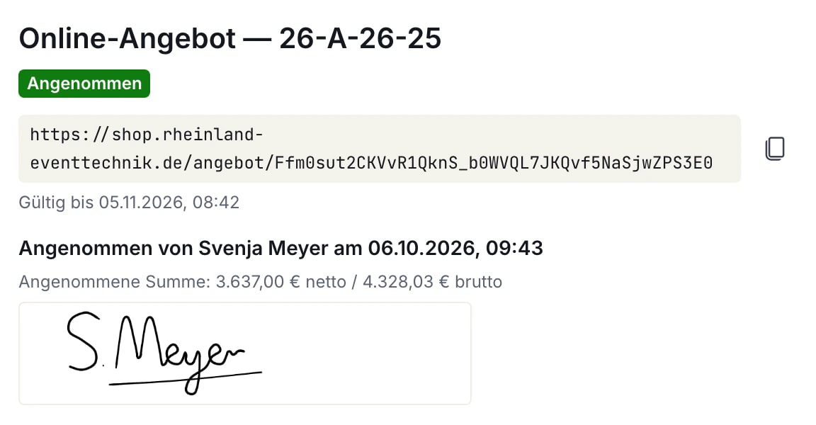 Dialog „Online-Angebot — 26-A-26-25“ im Vorgang: Status „Angenommen“, Link zum Online-Angebot mit Gültigkeit bis 05.11.2026, „Angenommen von Svenja Meyer am 06.10.2026, 09:43“, angenommene Summe netto und brutto sowie die gezeichnete Unterschrift