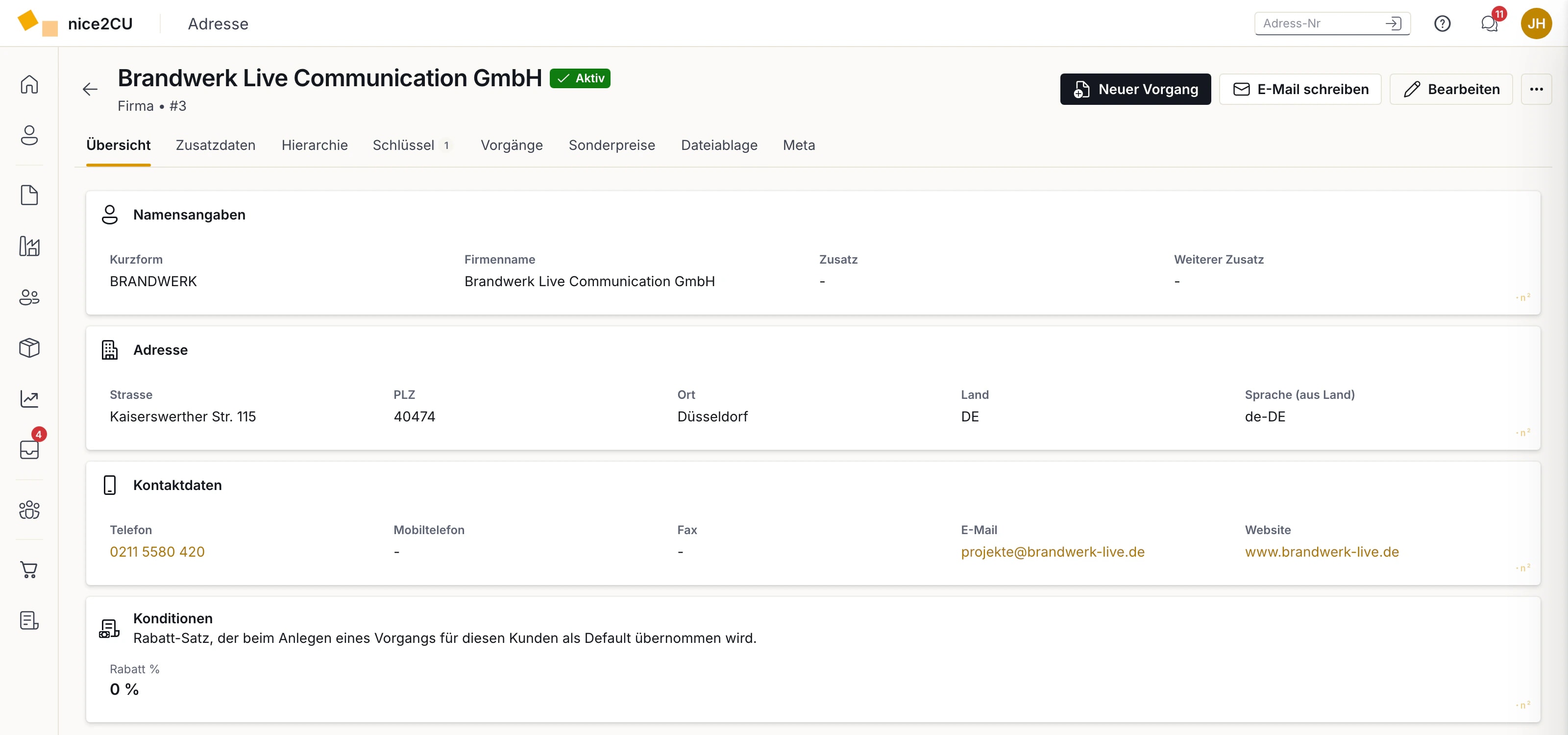Firmendetail mit Adresse, Kontaktdaten und Konditionen, dazu Reiter für Vorgänge und Sonderpreise
