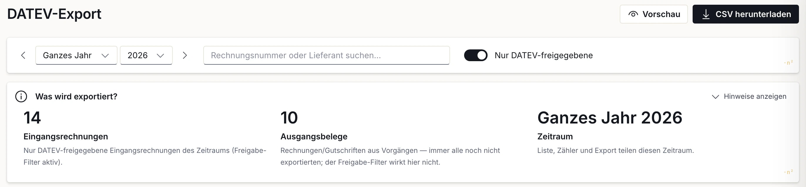 DATEV-Export für das ganze Jahr 2026: 14 DATEV-freigegebene Eingangsrechnungen und 10 Ausgangsbelege, Filter „Nur DATEV-freigegebene“, Buttons „Vorschau“ und „CSV herunterladen“