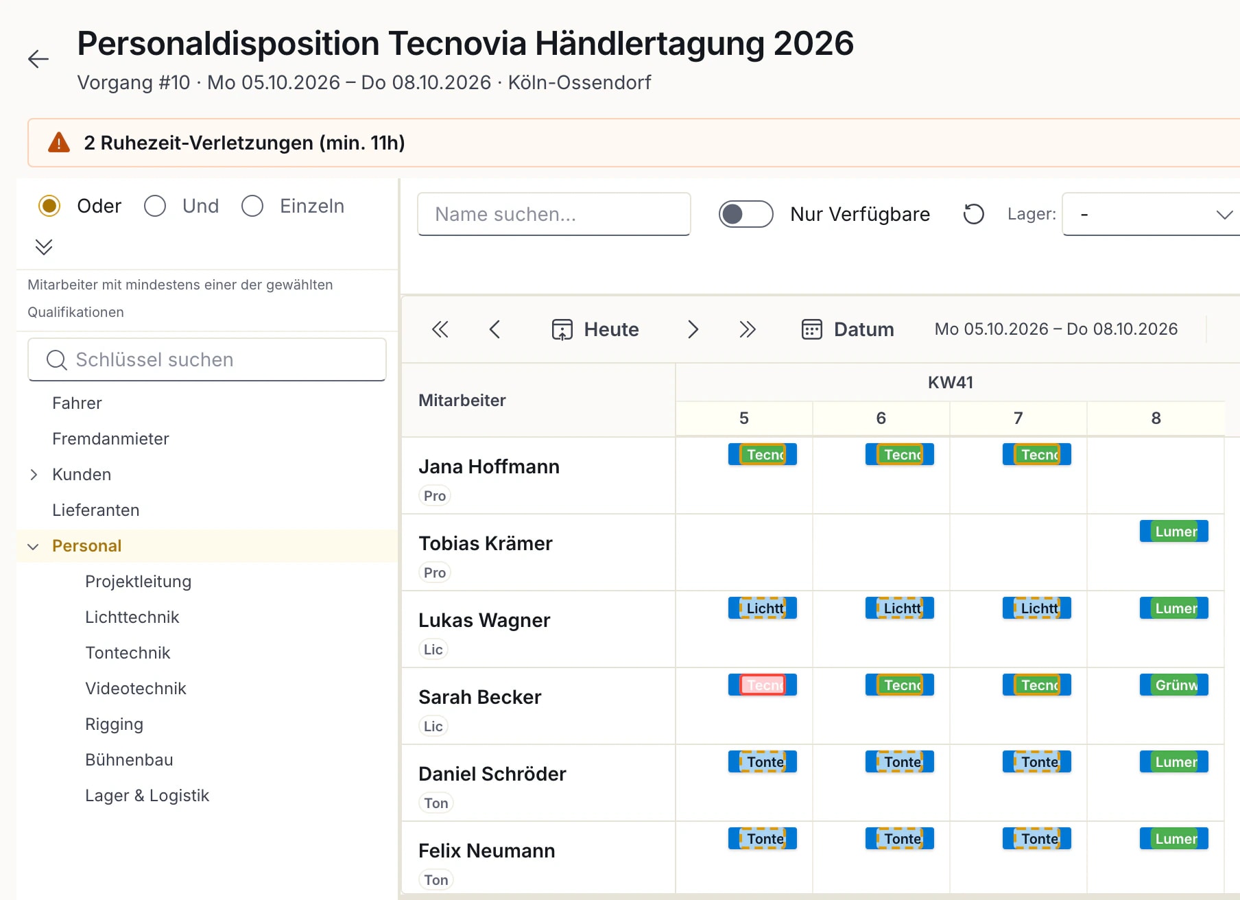 Demo-Instanz mit Beispieldaten: Personaldisposition einer Händlertagung mit Wochenplanung je Mitarbeiter, Qualifikationen und gebuchten Positionen