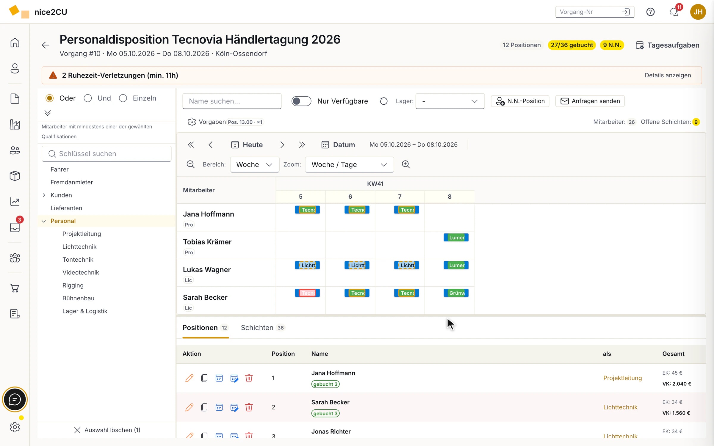 Personaldisposition der Tecnovia Händlertagung 2026: Hinweis auf zwei Ruhezeit-Verletzungen, Personal nach Qualifikation, Einsätze in KW41 und offene Schichten — eine offene Lichttechnik-Schicht wird per Klick besetzt
