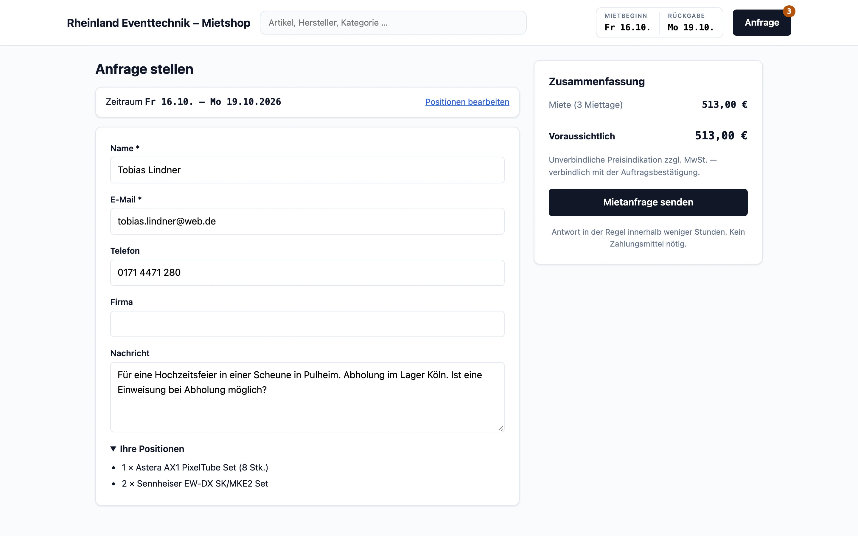Mietshop eines Vermieters: Anfrageformular mit Mietzeitraum, Kontaktdaten, Nachricht und den gewählten Positionen, rechts die Zusammenfassung mit unverbindlicher Preisindikation