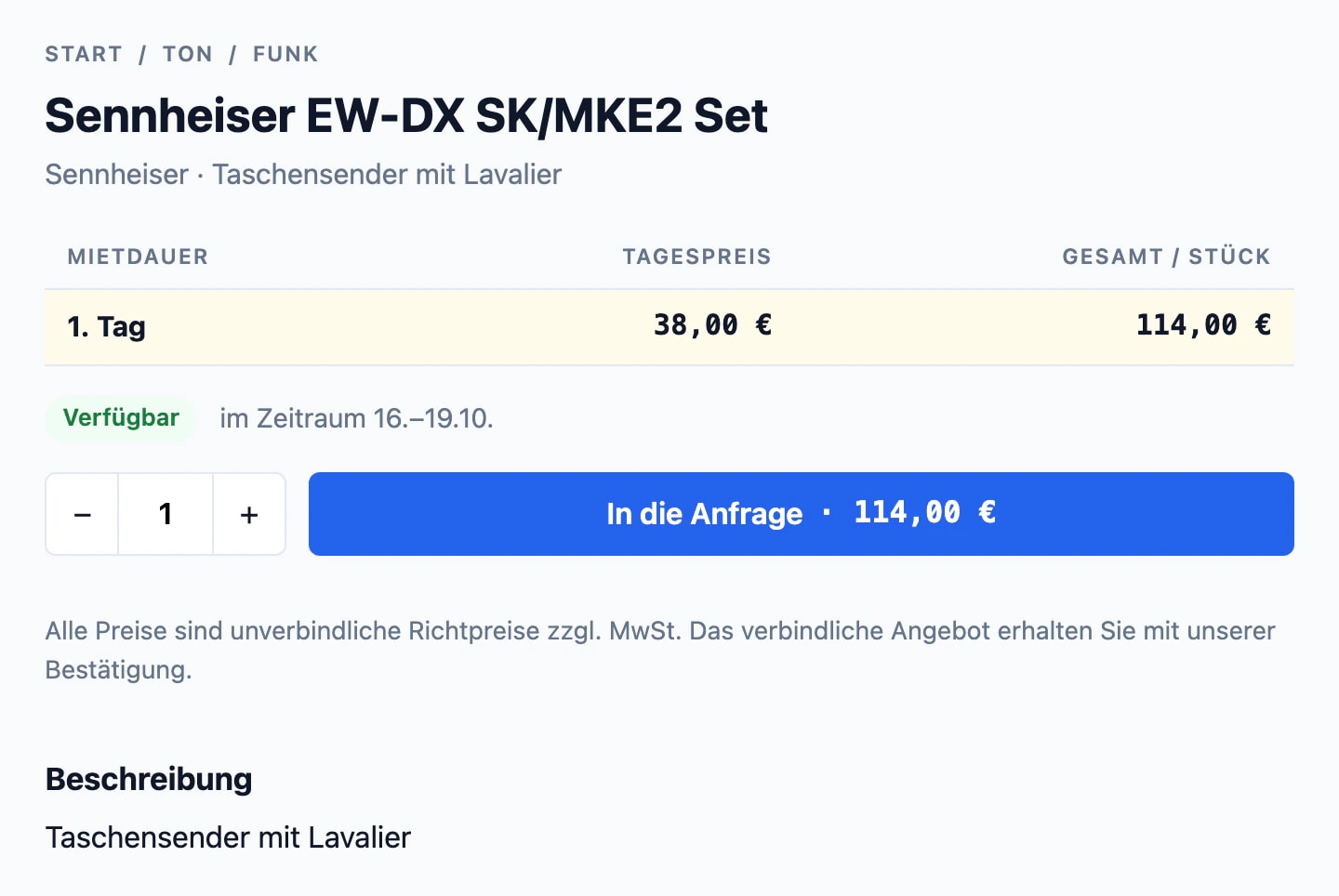 Artikelseite im Mietshop: Funk-Set mit Tagespreis und Gesamtpreis für den gewählten Zeitraum, Hinweis „Verfügbar im Zeitraum 16.–19.10.“ und Button „In die Anfrage“