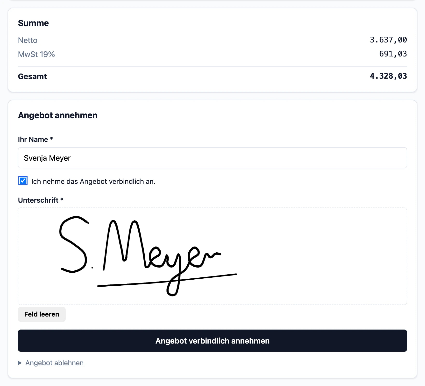 Online-Angebot im Mietshop: Summe mit Netto, 19 % MwSt und Gesamtbetrag, darunter „Angebot annehmen“ mit dem Namen Svenja Meyer, der Bestätigung „Ich nehme das Angebot verbindlich an“, einer gezeichneten Unterschrift und dem Button „Angebot verbindlich annehmen“