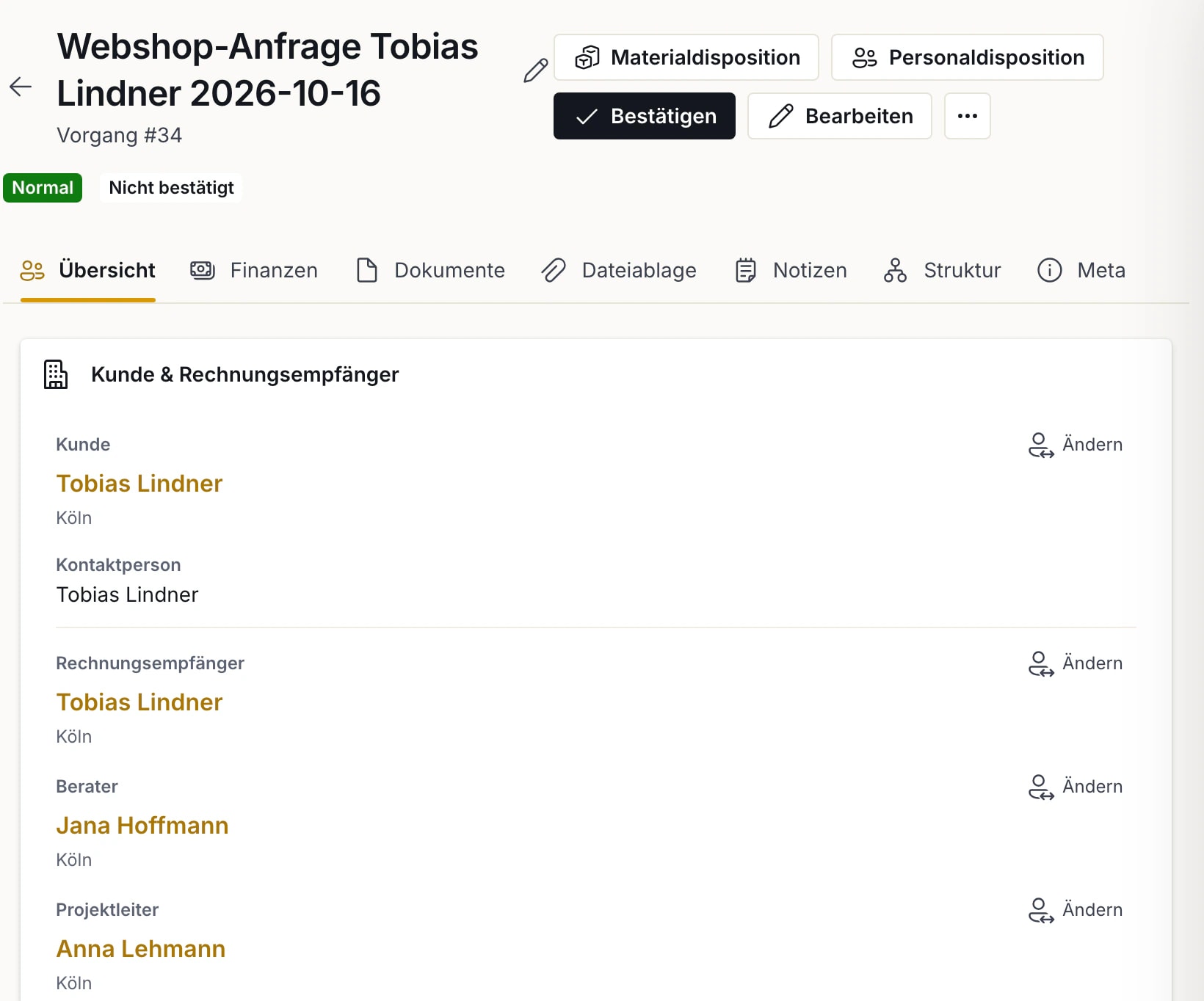Vorgang „Webshop-Anfrage Tobias Lindner 2026-10-16“ in nice2CU: Status nicht bestätigt, Tobias Lindner als Kunde und Kontaktperson, Berater und Projektleiter zugeordnet